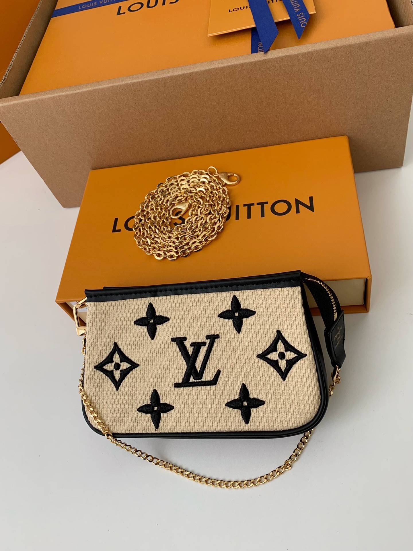 L*V New Lafite Cotton Embroidery MINI POCHETTE ACCESSOIRES Hand Chain Small Bag M82472